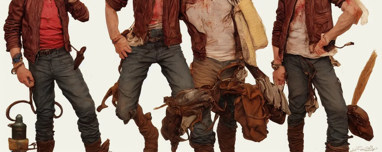 Image similar to character design, turnaround, complete character, 40's adventurer, unshaven, optimistic, stained dirty clothing, straw hat, riding boots, red t-shirt, dusty brown bomber leather jacket, detailed, concept art, photorealistic, hyperdetailed, 3d rendering , art by Leyendecker and frazetta,