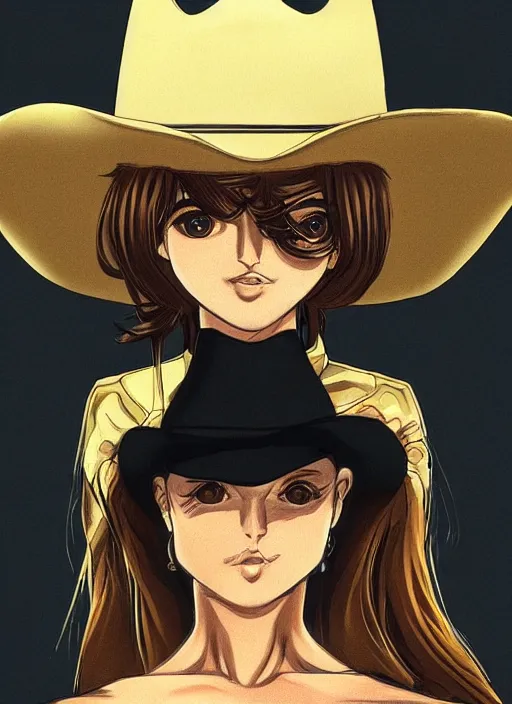 Image similar to a portrait one person, complexity, global lighting, detail, ultra sharpness, beautiful female sheriff body from games yoshihiro togashi style, big eyes, plump lips, a gunshot, global lighting, western saloon theme, detailed faces, blank faces, style by cain kuga, cowboy bebop art style