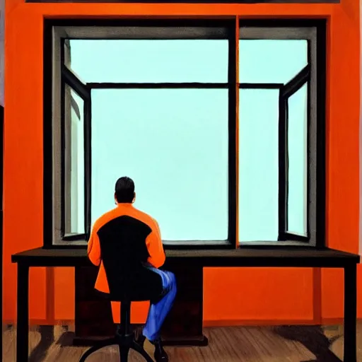 Prompt: A fine art painting of a man wearing Vr goggles dressed in orange overalls (and creating the metaverse at a desk with screens), view from outside looking in through a window on a British street. In the style of Edward Hopper and Wes Anderson