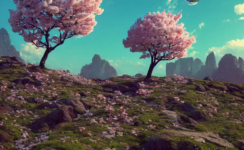 Image similar to cherry blossoms in the rocky hills, Low level, rendered by Beeple, Makoto Shinkai, syd meade, simon stålenhag, synthwave style, digital art, unreal engine, WLOP, trending on artstation, 4K UHD image, octane render,