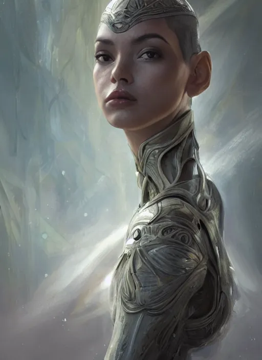 Image similar to a professional painting of a beautiful young female alien, clothed in ethereal armor, olive skin, long dark hair, beautiful bone structure, symmetrical facial features, intricate, elegant, digital painting, concept art, smooth, sharp focus, illustration, from Valerian and the City of a Thousand Planets, by Ruan Jia and Mandy Jurgens and Artgerm and William-Adolphe Bouguerea