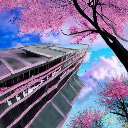 Image similar to cherry blossoms wrapping around a tall sky rise building in an abandoned city, digital art highly detailed, award winning