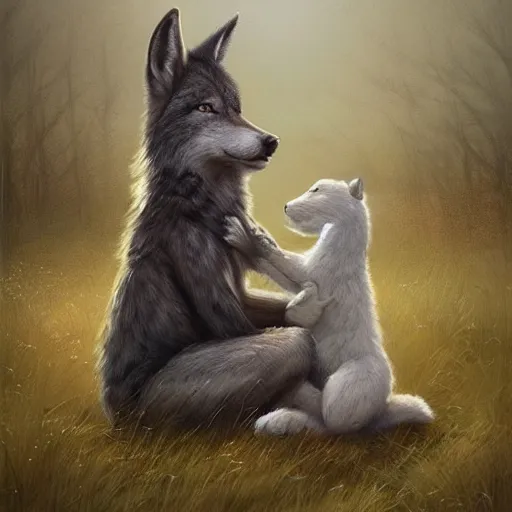 Image similar to A beautiful painting of an anthropomorphic wolf and rabbit sitting in a field and hugging, artstation trending, greg rutkowski