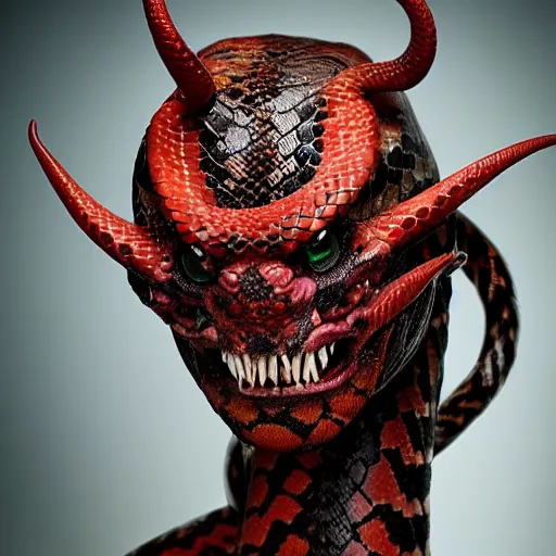 Image similar to a demon inspired by snakes created by the make up artist hungry, photographed by andrew thomas huang, cinematic, expensive visual effects