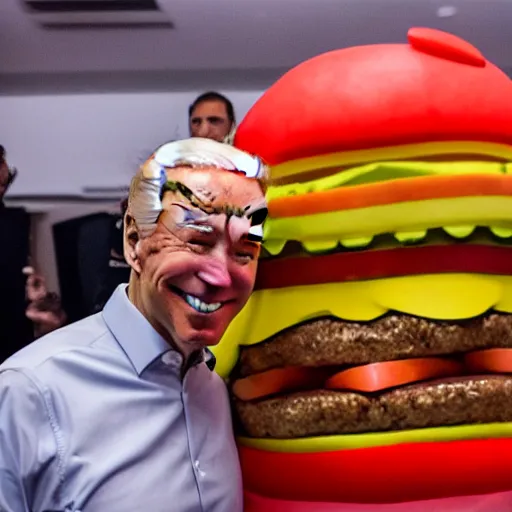 Image similar to joe biden, wearing a costume that looks like a burger, photograph, dancing, burger costume, 4 k