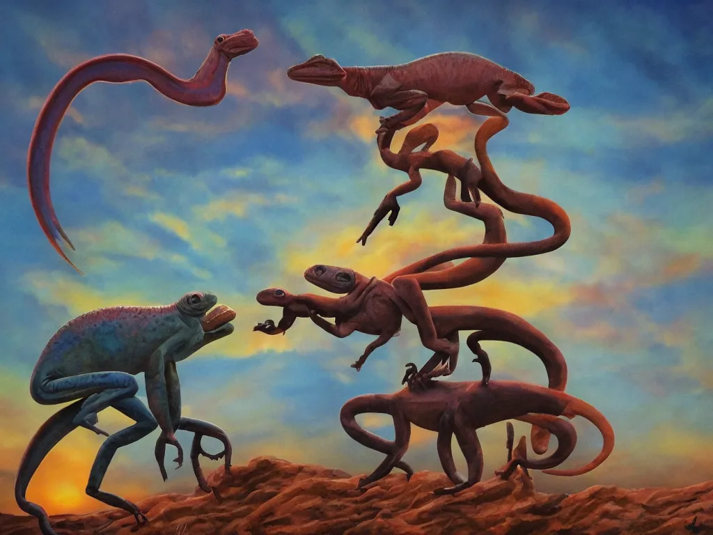 Prompt: Chameleon and tapir collaborating when crafting a lambda statue, cloudy sunset skies in the background. detailed art by Julie Bell