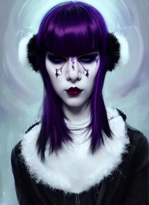 Image similar to portrait of white teenage girl, normal face, white bangs, mall goth, cyberlox, black and white hair, bangs, fluffy bangs, red contact lenses, purple lipstick, intricate, elegant, highly detailed, digital painting, artstation, concept art, sharp focus, smooth, illustration, art by wlop, mars ravelo and greg rutkowski