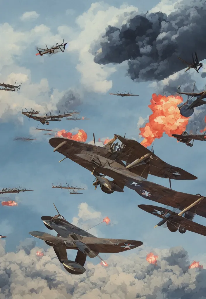 Prompt: handmade illustration of an epic World War I air scene with only two 1914 airplanes fighting, some smoke and fire, blue sky with dramatic clouds, line art, ballpoint, oil on canvas by Kilian Eng and by Jake Parker, heavy brushstrokes, winning-award masterpiece, fantastic, octane render, 8K HD Resolution, High quality image