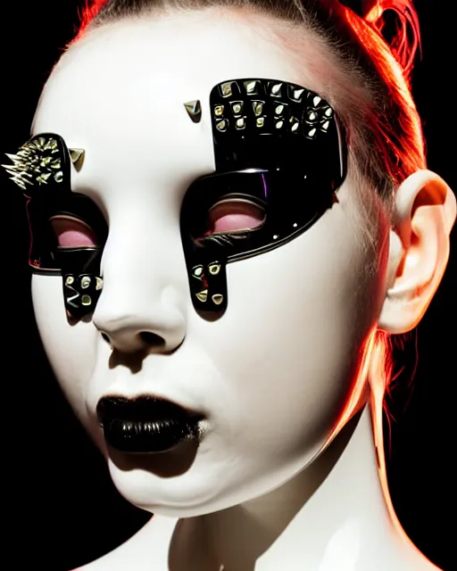 Image similar to symmetrical portrait of a biomechanical cyborg wearing a silicone steel spikes studded iridescent beauty mask and neon hair buns, wearing a black bodysuit by alexander mcqueen, cream white background, soft diffused light, biotechnology, humanoid robot, bjork aesthetic, translucent, by rineke dijkstra, intricate details, highly detailed, masterpiece,