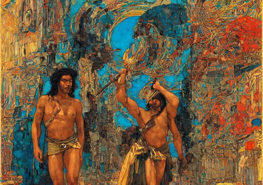 Image similar to a polynesian greek god searching through the streets of an abandoned city, sparse detail, complementary color scheme, by george luks, mati klarwein and moebius