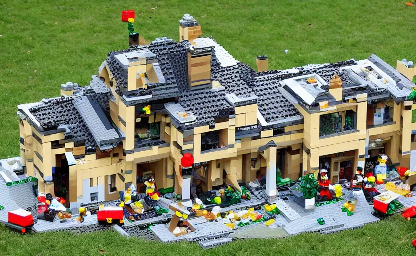 Prompt: a crashed broken full size villa made out of lego, pieces of lego laying on the lawn
