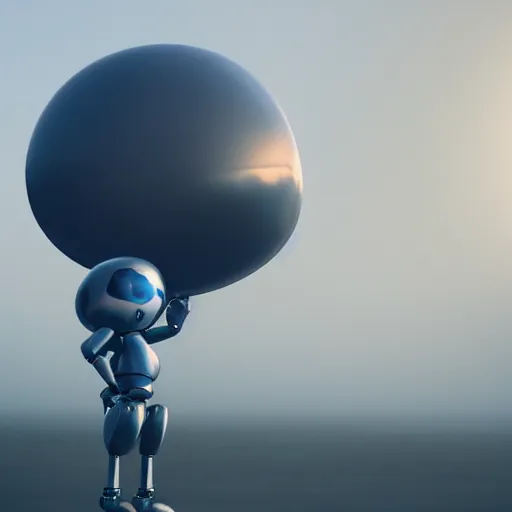 Image similar to portrait of a used lonely robot holding a balloon, identical eyes, gazing eyes, elegant pose, sci-fi, photorealistic, artstation, volumetric lighting, hyperdetailed, high resolution, vray render, sunrise, dof