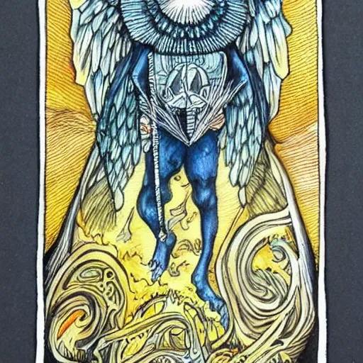 Prompt: The Tarot card of life and death, ballpoint pen and watercolor combination, detailed