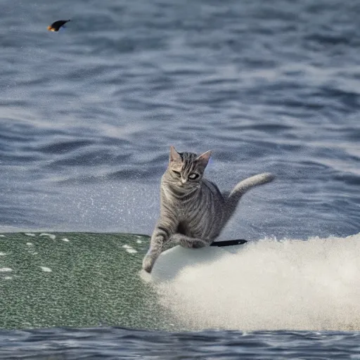 Prompt: a grey tabby cat surfing on a million fish