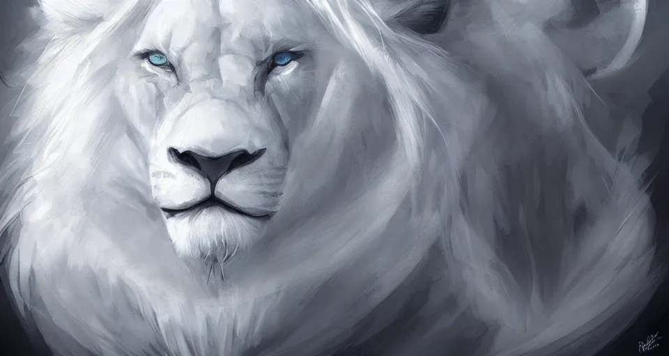 Image similar to aesthetic portrait commission of a albino male furry anthro lion wearing white glowing cloak in an empty black room surrounded by darkness, Character design by charlie bowater, ross tran, artgerm, and makoto shinkai, detailed, inked, western comic book art, 2021 award winning painting