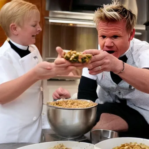 Image similar to Gordon Ramsay eating beans while children point and laugh at him, bullying, cruel kids, television still