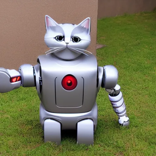 Prompt: a robot cat that is grey and has red eyes