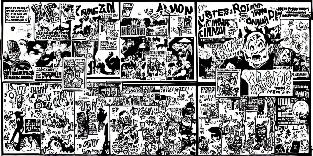 Prompt: zine of an underground comic book, black and white, diy, comic art, robert crumb, underground, punk