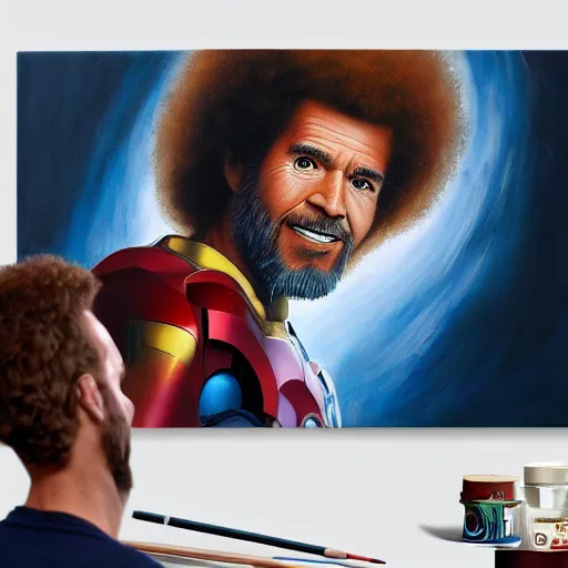 Prompt: a closeup photorealistic photograph of bob ross working on a canvas painting featuring iron man. film still. this 4 k hd image is trending on artstation, featured on behance, well - rendered, extra crisp, features intricate detail, epic composition and the style of unreal engine.