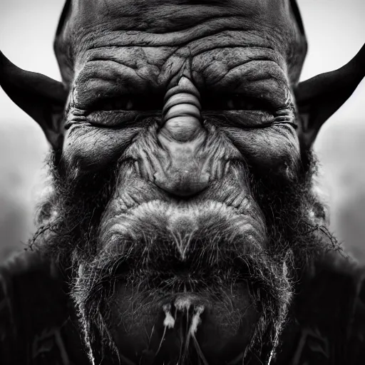 Prompt: Award Winning wide-angle Portrait of a Tusked Orc Chieftain in Full Battle by Lee Jeffries