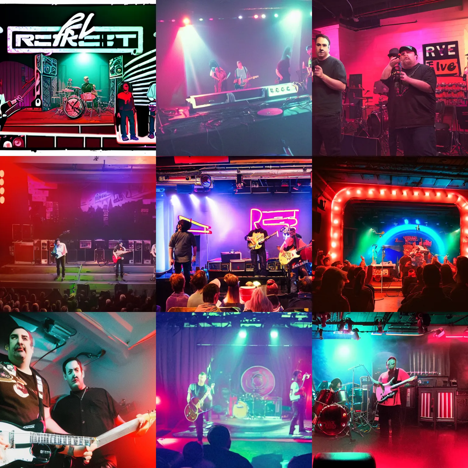 Prompt: live on stage rock concert of Red Letter Media Mike Stoklasa Rich Evans Jay Bauman, neon colors, misty atmosphere, cinematic angle, epic composition, action post