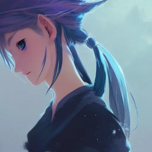 Image similar to girl sorcerer with white hair in a messy hairbun. cgsociety masterpiece, artstation trending, by rossdraws, ghibli, kimi no na wa, greg rutkowski, simon stalberg, greg manchess