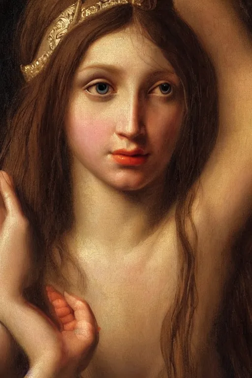 Prompt: hyperrealism extreme close-up portrait of many hands at beautiful medieval female goddess with long hair, pale skin, wearing dark silk, in style of classicism