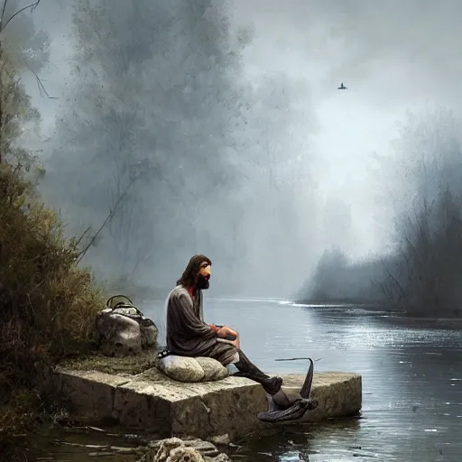 Image similar to jesus sitting by the river fishing, exudes terror, castle, mysterious breath, spitfire, photography, hyperrealistic, by greg rutkowski, smooth, illustration, elegant, artstation, digital painting.