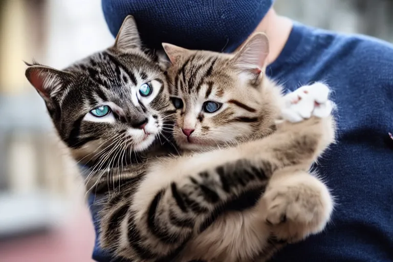 Prompt: a photo of a guy grabbing a cat with a funny hat, 4k