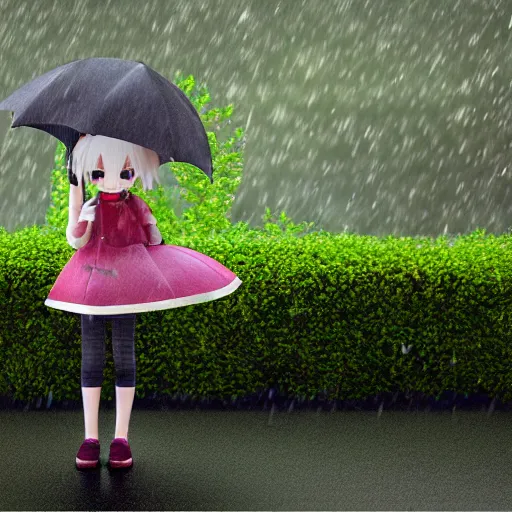 Image similar to cute fumo plush of a girl with an umbrella, heavy rain, weather vfx, vray