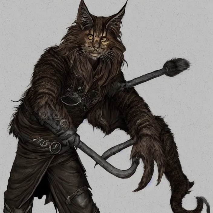 Image similar to khajit tabaxi catfolk humanoid cloaked in shadow and wearing leather armor with maine coon features black fur holding two shortswords, dungeons and dragons, pure white background, fantasy, tarot card style, half body portrait, high detail, hyper realistic