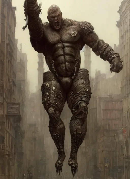 Image similar to full body portrait of martyn ford as huge towering bipedal horror demon with bulbous torso wearing armour walks down city street, people flee, painted by ruan jia, raymond swanland, lawrence alma tadema, zdzislaw beksinski, norman rockwell, jack kirby, tom lovell, alex malveda, greg staples