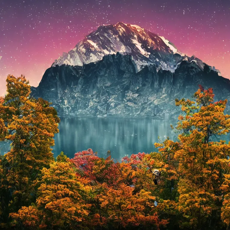 Image similar to a beautiful awesome artistic tree with falling flowers like leaves and many birds, all in the amazing outdoors view, mountain in the background, lake, long exposure, 8 k resolution, trending on artstation