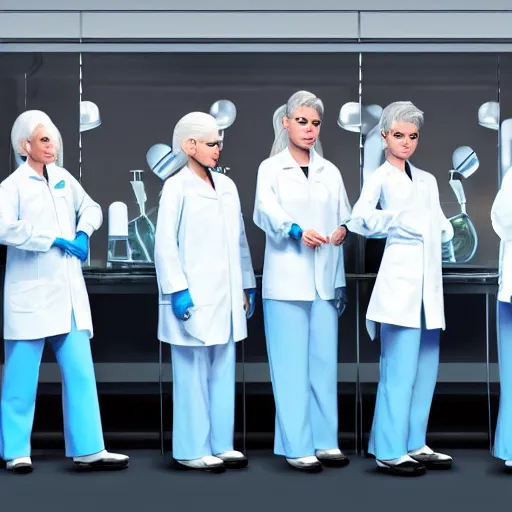 Image similar to line of six tall short fat scrawny women, white hair, tight light blue neopren space uniforms, futuristic chemistry lab, sci - fi, highly detailed, cinematic