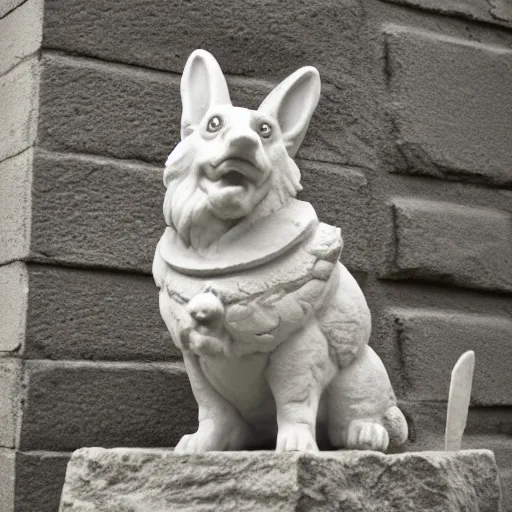 Image similar to corgi gargoyle with wings made of stone, uncropped, photography