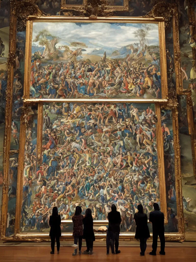 Prompt: art museum patrons stand to the side and look at a massive framed mural depicting a painting of a painting of a painting of a painting of a painting in the style of francis bacon