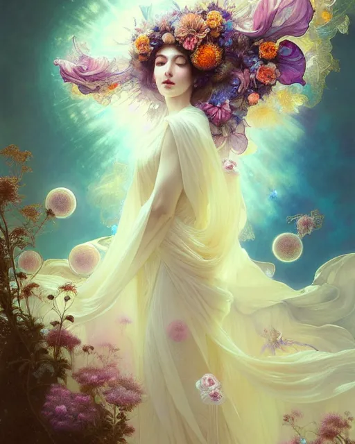 Image similar to Full View ultrarealistic Portrait ethereal fantasy deity wearing beautiful gown, rising in the air levitating, flowers, calm, 4k digital masterpiece by Anna Dittman and Alberto Seveso Ruan Jia, rossdraws, artgerm and greg rutkowski and alphonse mucha and loish and WLOP, fantasycore, Hyperdetailed, fractals, scribble art, realistic digital painting, atmospheric, fireflies, soft lighting, featured on Artstation