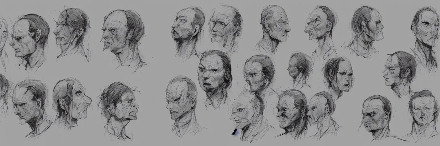 Prompt: character faces, realistic lars von trier face, character sheet, fine details, concept design, contrast, kim jung gi, greg rutkowski and da vinci, trending on artstation, 8 k, emotional, face turnaround, front view, back view, side view, ultra wide angle