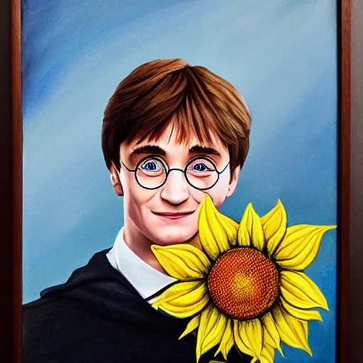 Image similar to hyperrealism portrait harry potter holding a sunflower