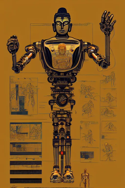 Prompt: a study of cell shaded of a cyborg robot 1000 arm buddha, golden ratio, character concept art by Shepard Fairey, james jean, Mike Mignola, Laurie Greasley, highly detailed, sharp focus, sharp linework, clean strokes, motherboard, Artstation, deviantart, artgem