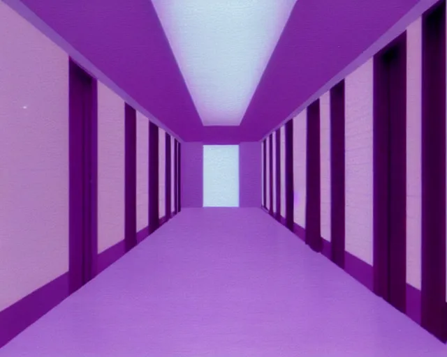 Image similar to a long hallway with a purple wall and some stairs, a hologram by michelangelo, cg society, harlem renaissance, y 2 k aesthetic, vaporwave, 1 9 9 0 s