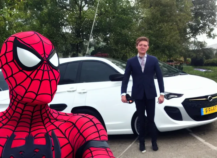Prompt: spiderman stand next to opel sedan