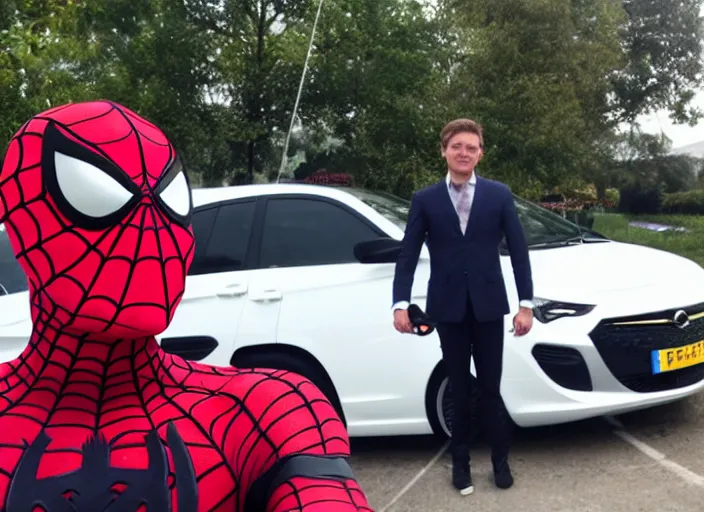 Image similar to spiderman stand next to opel sedan