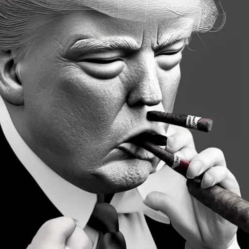 Image similar to a high quality photo of donald trump smoking a cigar, 3d scene, render, ultra realistic, artstation, cgsociety