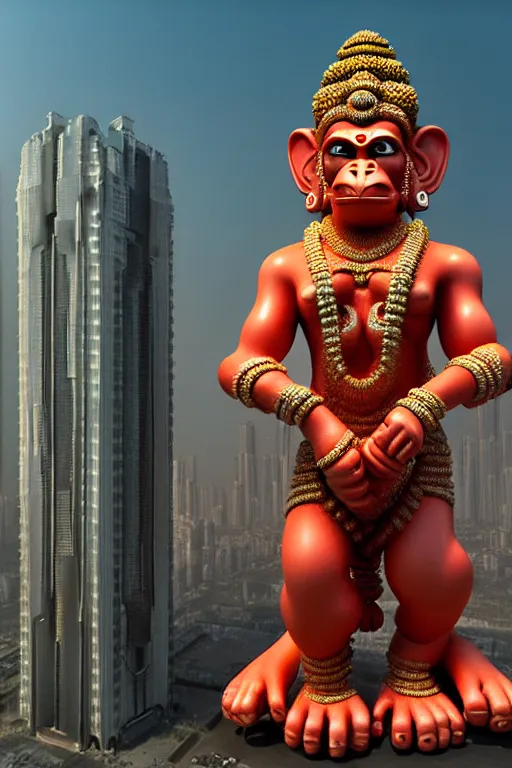 Image similar to high quality 3 d cyberpunk biomorphic hanuman! head building in the middle of mumbai!!, highly detailed, cinematic smooth, stephen shore & john j. park, soft morning light, wide shot, high angle, uhd 8 k, sharp focus