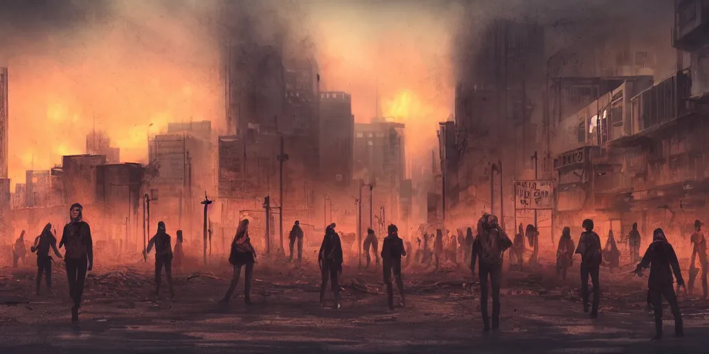 Image similar to post apocalyptic city with burning red sky with people on the streets