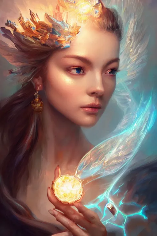 Image similar to face closeup of a beautiful model casting magic spell holding diamonds, angel, fantasy, dramatic lighting, highly detailed, digital painting, holding electricity, magic the gathering, hyper detailed, 3 d render, hyper realistic detailed portrait, peter mohrbacher, wlop, ruan jia