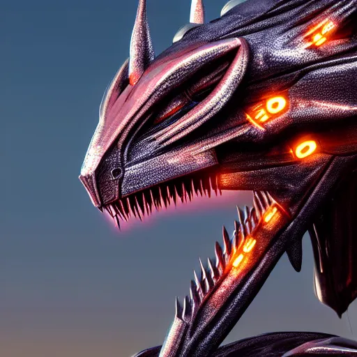 Image similar to close up bust shot, realistic detailed stunning beautiful armored anthropomorphic humanoid female robot dragon, looking to the side, sleek streamlined armor and design made of steel, sharp claws and sharp teeth, Slick LEDs, standing on two legs, on the beach during sunset, high quality, cinematic art, sunset lighting, artstation, deviantart, furaffinity