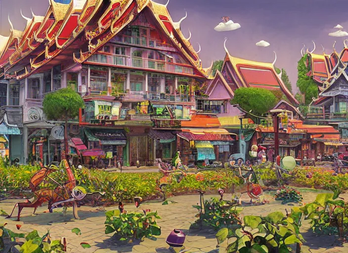 Image similar to bangkok townsquare, summer morning, very coherent and colorful high contrast, art by gediminas pranckevicius, geof darrow, dark shadows, hard lighting