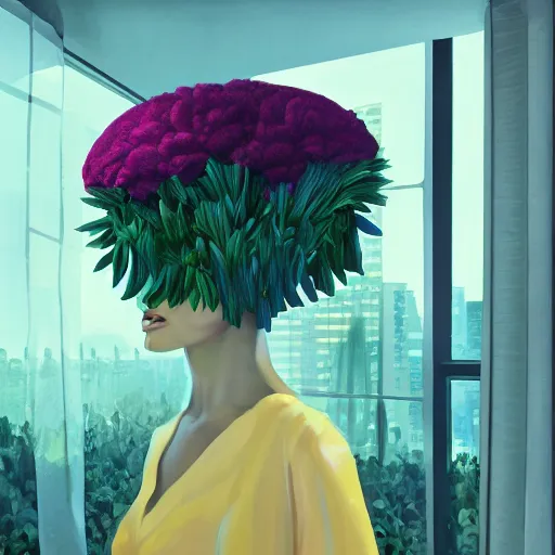 Image similar to closeup, giant flower head, woman next to modern windows, luxury apartment, surreal photography, dramatic light, impressionist painting, digital painting, artstation, james gilleard